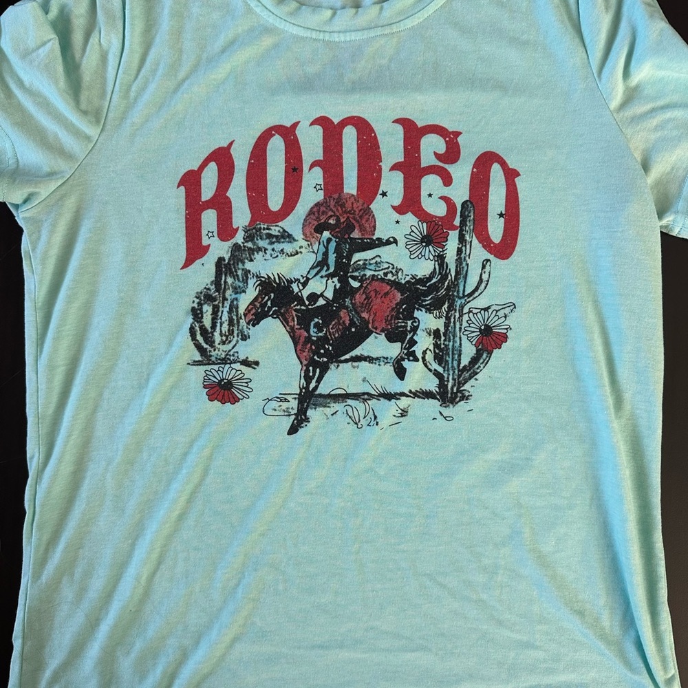 Rodeo Graphic Tee in Light Aqua with Red Print